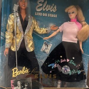 Barbie Pink Sweater & Black Music-Graphic Skirt with Elvis Gold-Jacket Doll Pair